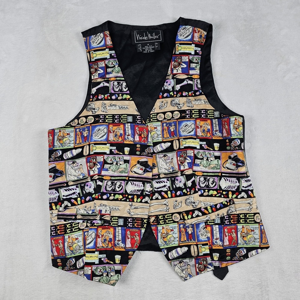 Vtg 90's Nicole Miller Silk Vest Womens M Doctor X-Ray Pediatrician Pharmacist